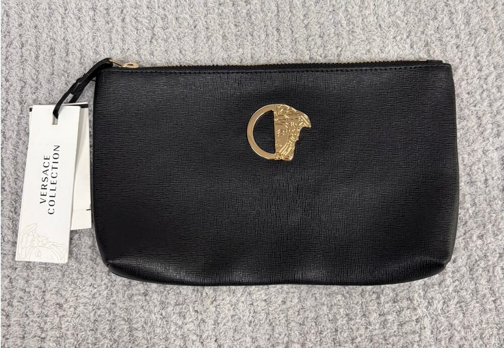 Versace Collection Black Leather Beauty Vitello Stampa Saffiano Pouch NWT #81989